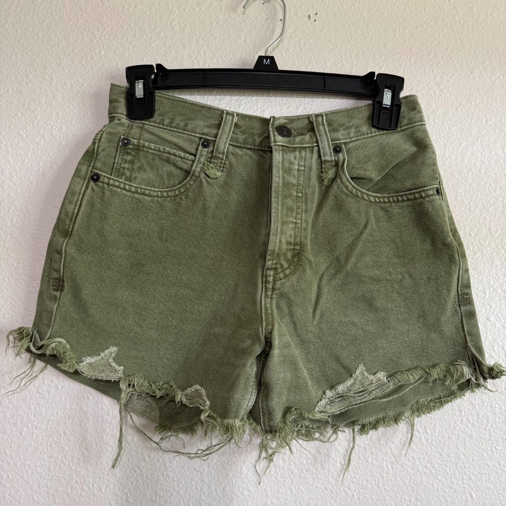 We The Free Cut-Off Shorts Women's 24 Green Denim Frayed Button-Fly Pockets